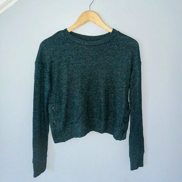 SO Sweaters - SO Cropped Waffle Knit Sweater-Size XS-Side Snaps-Round Neck-Hunter Green
